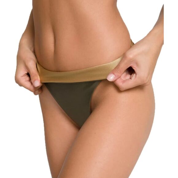 GOOD AMERICAN Good Waist Sage Green Gold Reversible Cheeky Bikini Bottom Sz L 3 - Picture 1 of 6